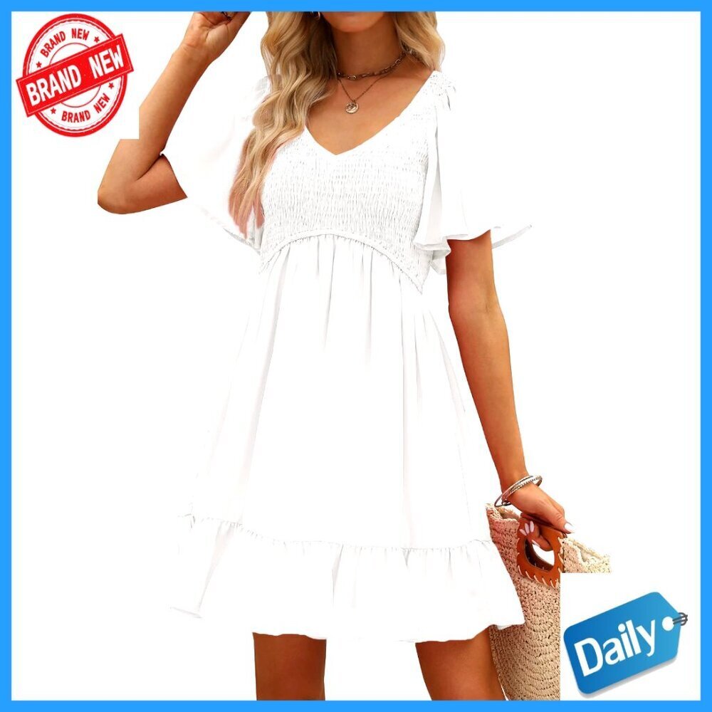 Flowy Mini Dress with Pockets, V-Neck, Smocked Bodice, Summer Casual